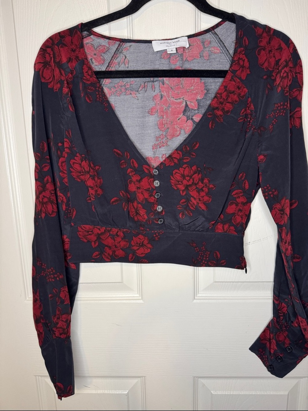 Marissa Webb Navy Long Sleeve V-Neck Crop Top with Red Floral Print